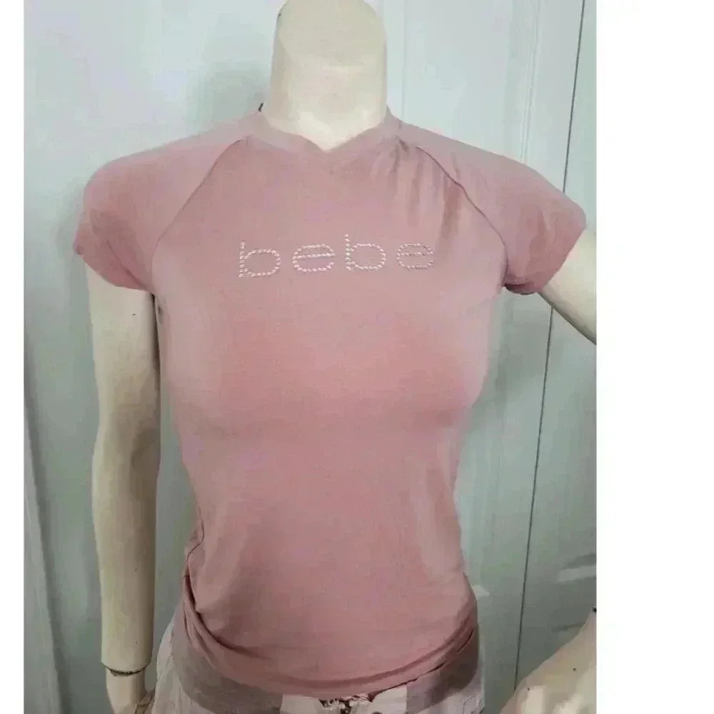 Y2K Bebe Pink Blush Rhinestone Girly Coquette Short Sleeve T-Shirt Small